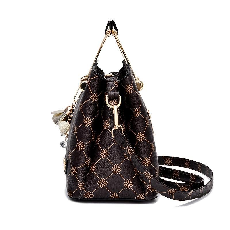 Geometric Pattern Vintage Shoulder Bag with Bag Charm