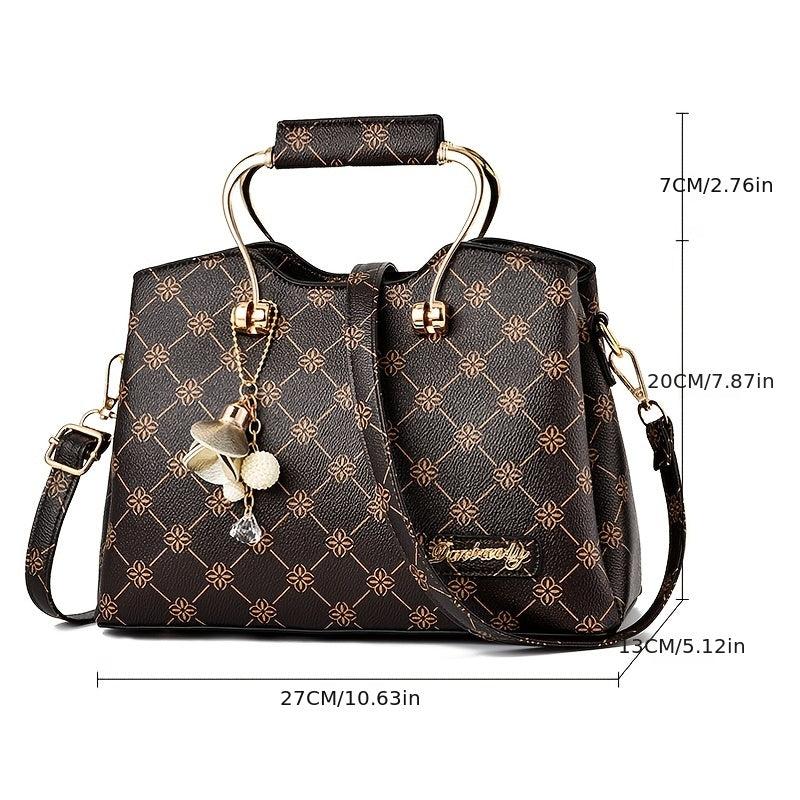 Geometric Pattern Vintage Shoulder Bag with Bag Charm