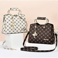 Geometric Pattern Vintage Shoulder Bag with Bag Charm