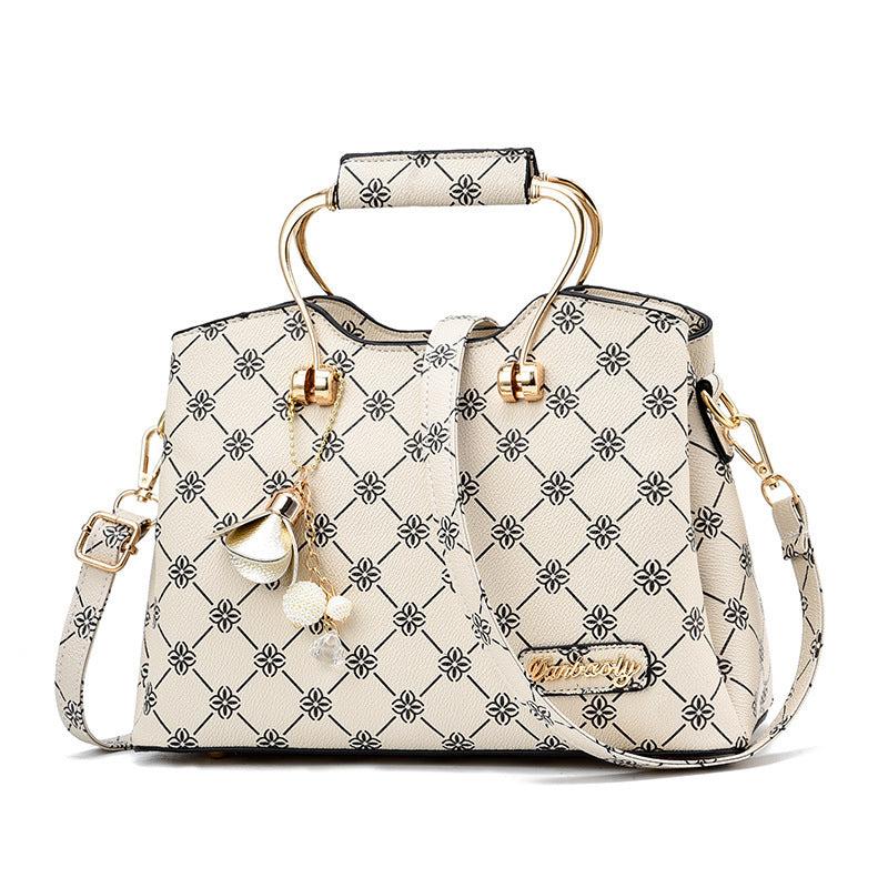 Geometric Pattern Vintage Shoulder Bag with Bag Charm