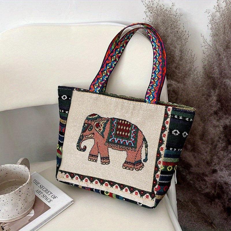 Ethnic Embroidered Tote Bag Elephant Canvas Shoulder Bag for Women