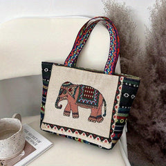 Ethnic Embroidered Tote Bag Elephant Canvas Shoulder Bag for Women