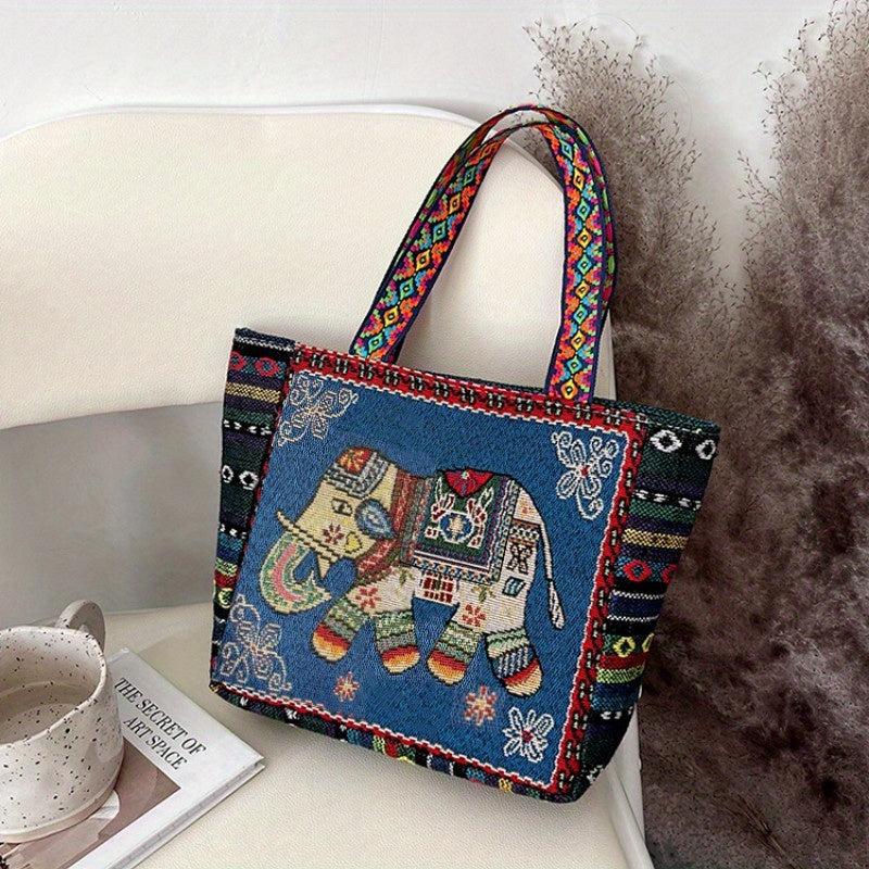 Ethnic Embroidered Tote Bag Elephant Canvas Shoulder Bag for Women