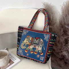Ethnic Embroidered Tote Bag Elephant Canvas Shoulder Bag for Women