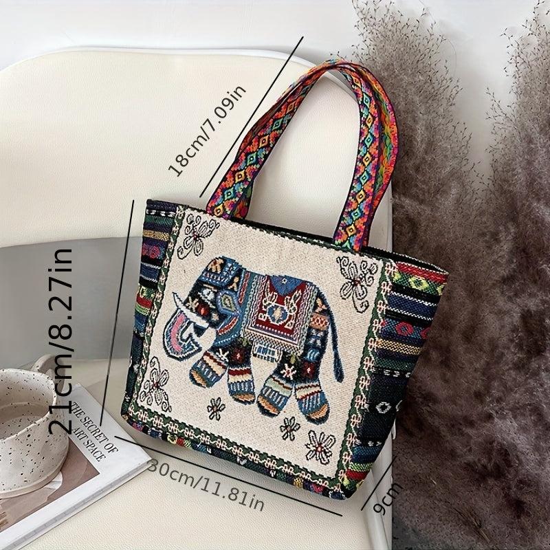Ethnic Embroidered Tote Bag Elephant Canvas Shoulder Bag for Women