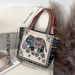 Ethnic Embroidered Tote Bag Elephant Canvas Shoulder Bag for Women