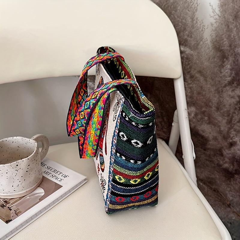 Ethnic Embroidered Tote Bag Elephant Canvas Shoulder Bag for Women