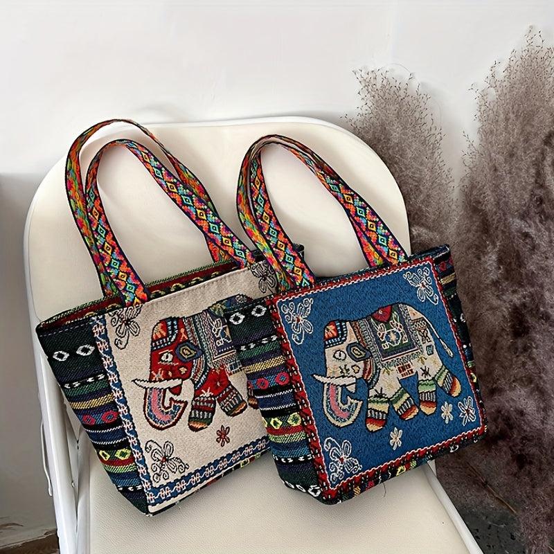 Ethnic Embroidered Tote Bag Elephant Canvas Shoulder Bag for Women