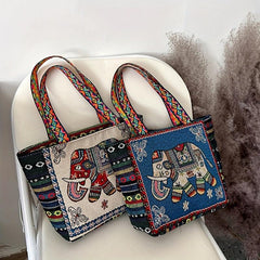 Ethnic Embroidered Tote Bag Elephant Canvas Shoulder Bag for Women