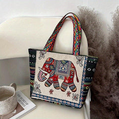 Ethnic Embroidered Tote Bag Elephant Canvas Shoulder Bag for Women