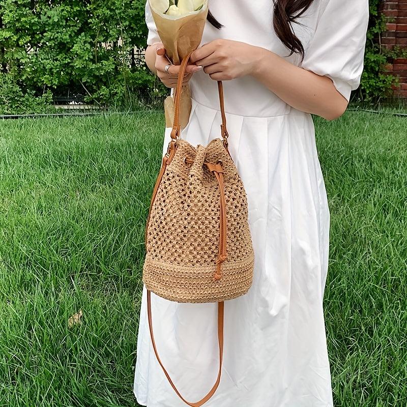 Adjustable Strap Drawstring Bag Large Capacity Solid Bucket Bag