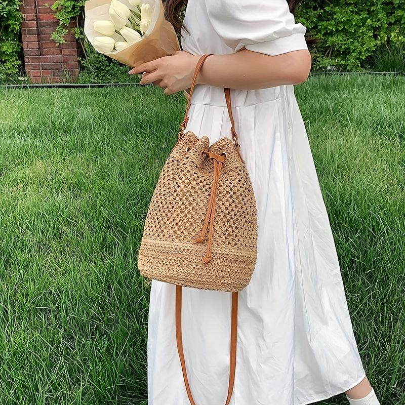 Adjustable Strap Drawstring Bag Large Capacity Solid Bucket Bag