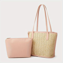 Straw Shoulder Bag with Zipper Pouch French Girl Holiday Style