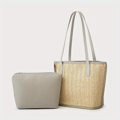 Straw Shoulder Bag with Zipper Pouch French Girl Holiday Style