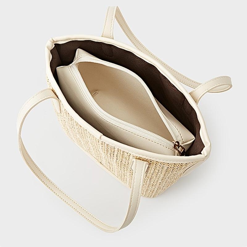 Straw Shoulder Bag with Zipper Pouch French Girl Holiday Style