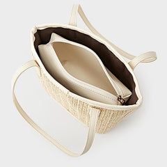 Straw Shoulder Bag with Zipper Pouch French Girl Holiday Style