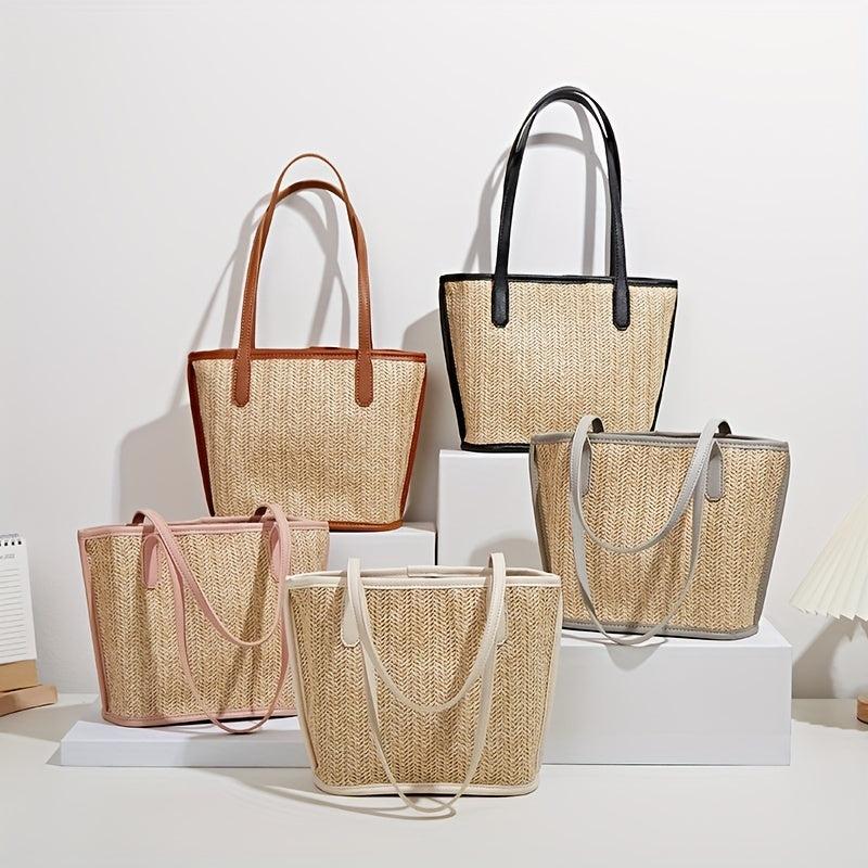 Straw Shoulder Bag with Zipper Pouch French Girl Holiday Style