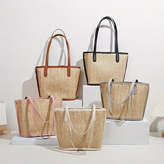Straw Shoulder Bag with Zipper Pouch French Girl Holiday Style