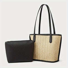 Straw Shoulder Bag with Zipper Pouch French Girl Holiday Style