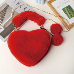 Heart Shaped Plush Crossbody Bag Chain Furry Clutch for Girls Women