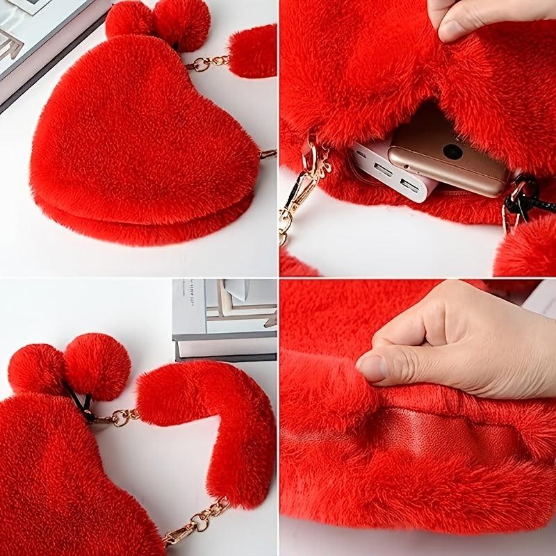 Heart Shaped Plush Crossbody Bag Chain Furry Clutch for Girls Women