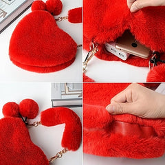 Heart Shaped Plush Crossbody Bag Chain Furry Clutch for Girls Women
