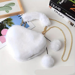 Heart Shaped Plush Crossbody Bag Chain Furry Clutch for Girls Women