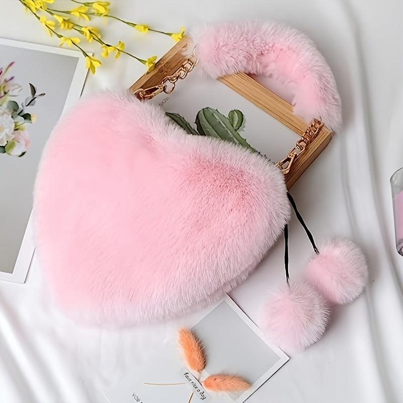 Heart Shaped Plush Crossbody Bag Chain Furry Clutch for Girls Women