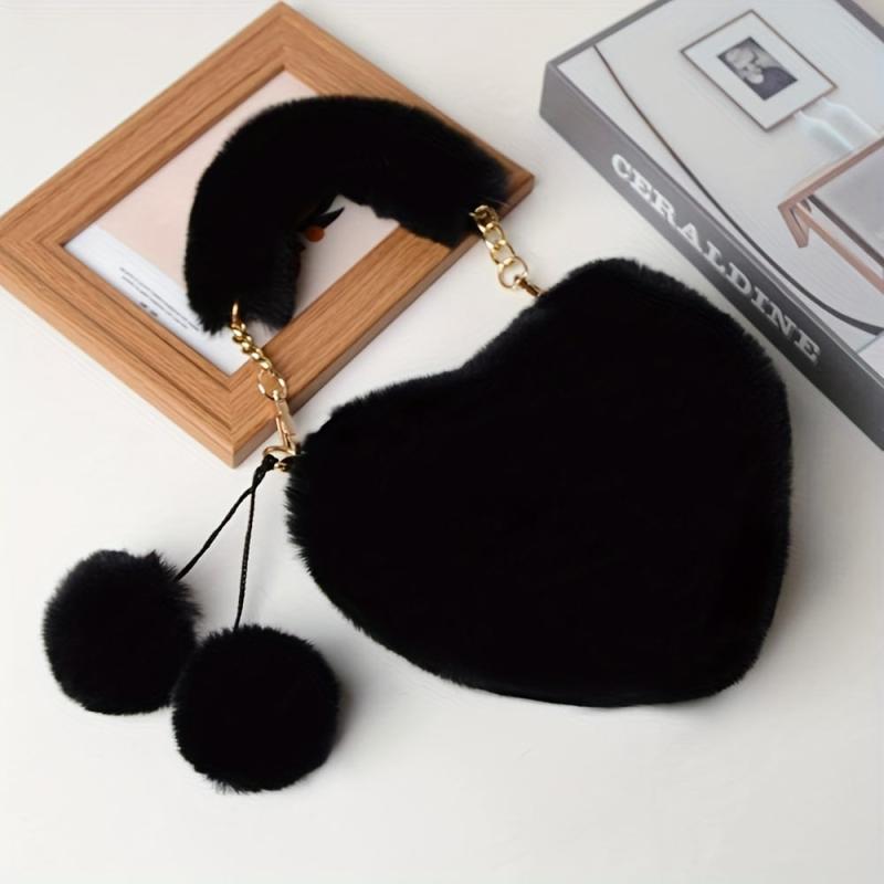 Heart Shaped Plush Crossbody Bag Chain Furry Clutch for Girls Women