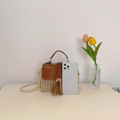 Straw Woven Crossbody Bag Tassel Decor Box Handbags