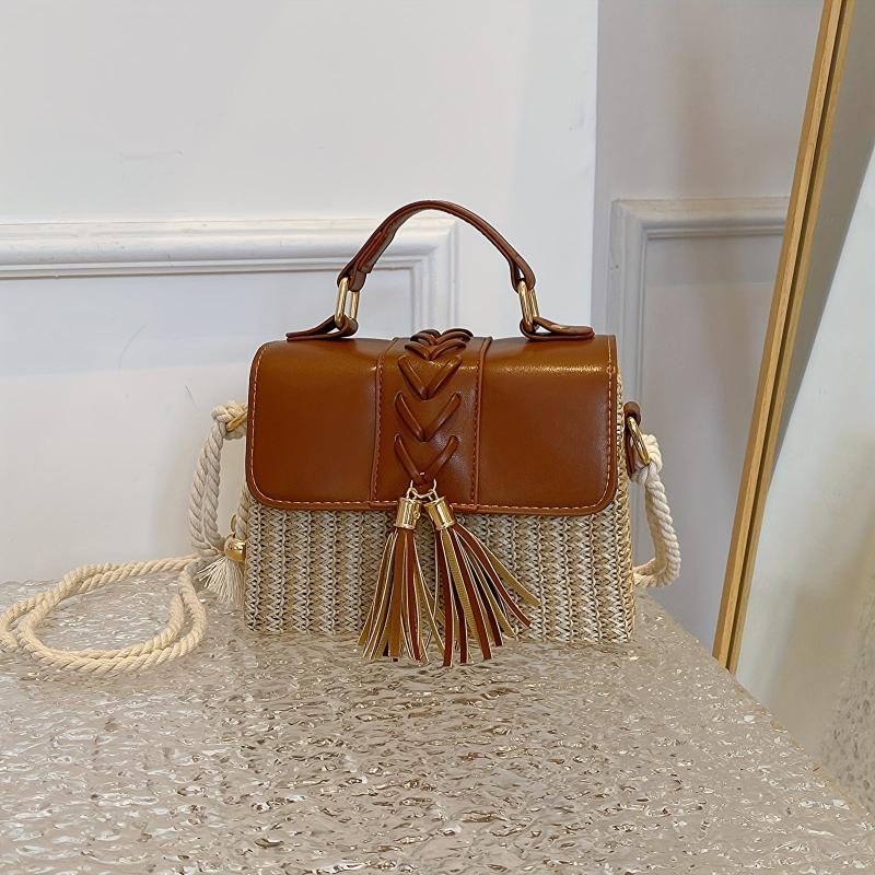 Straw Woven Crossbody Bag Tassel Decor Box Handbags