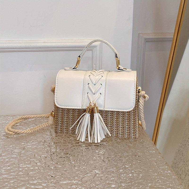 Straw Woven Crossbody Bag Tassel Decor Box Handbags