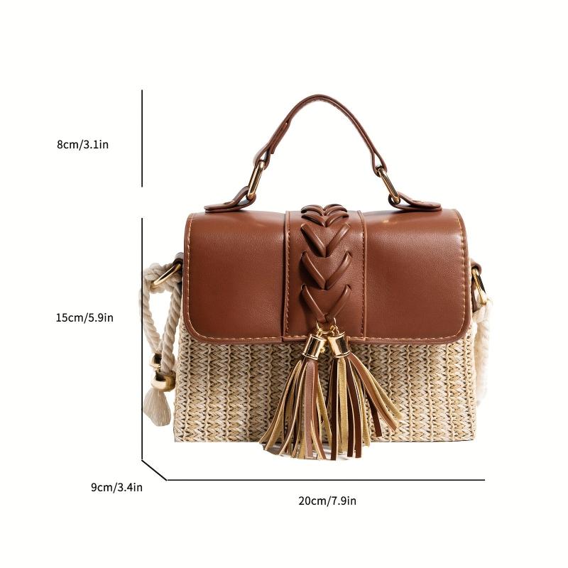 Straw Woven Crossbody Bag Tassel Decor Box Handbags