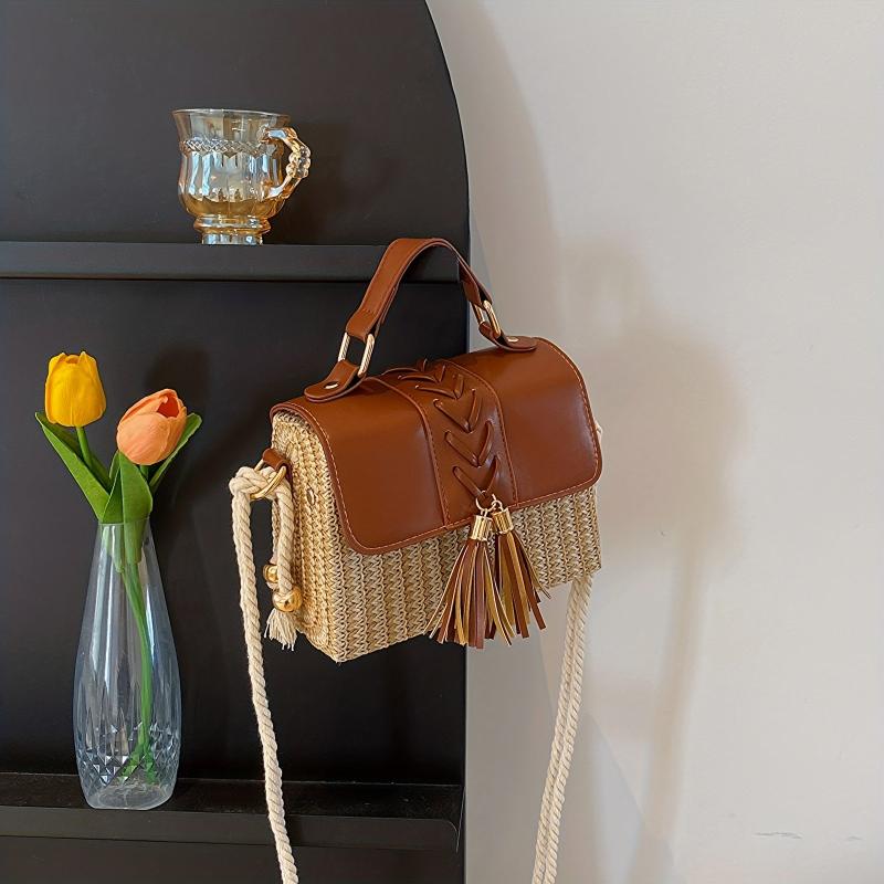 Straw Woven Crossbody Bag Tassel Decor Box Handbags
