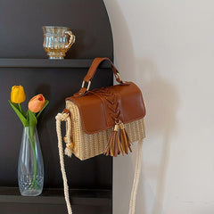 Straw Woven Crossbody Bag Tassel Decor Box Handbags