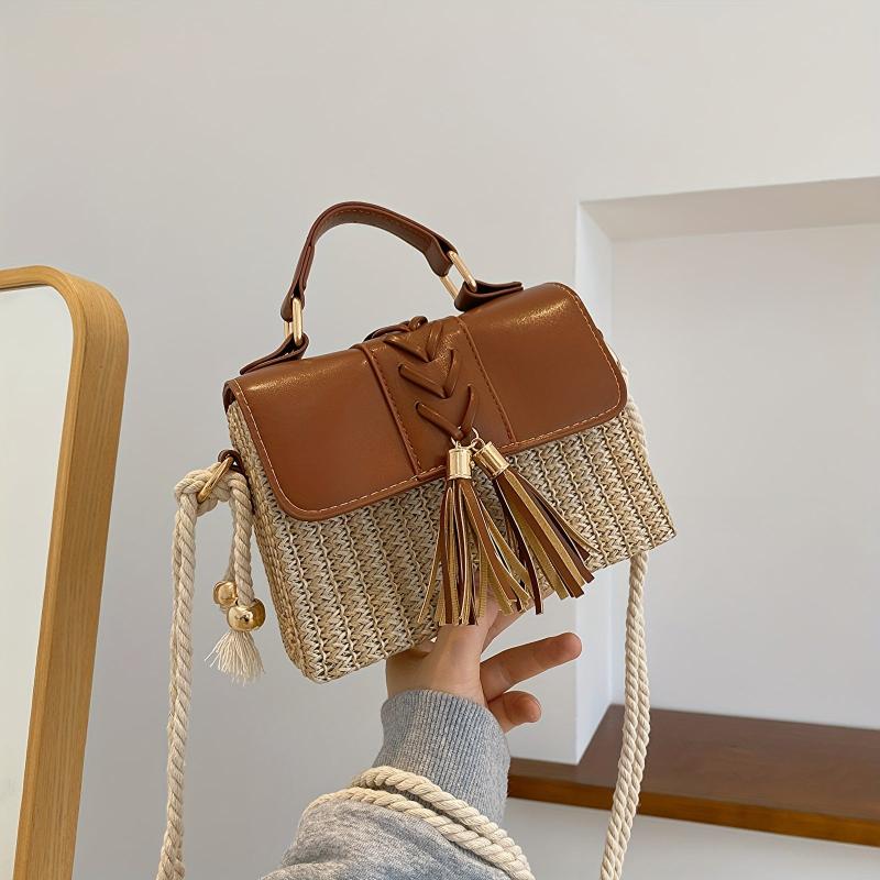 Straw Woven Crossbody Bag Tassel Decor Box Handbags