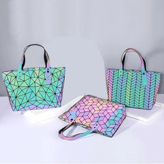 Geometric Holographic Handbag Large Capacity Tote Bag Reflective Folded