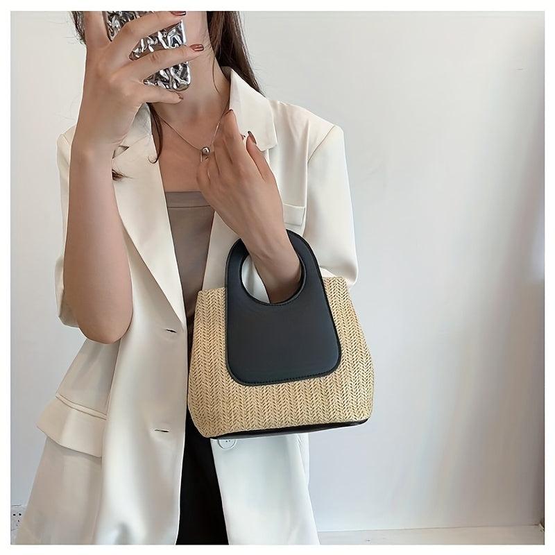 Colorblock Straw Bag Woven Handbag Casual Satchel Holiday Bag