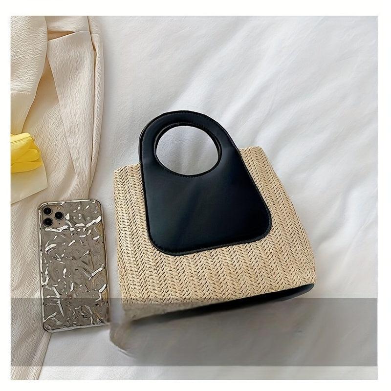 Colorblock Straw Bag Woven Handbag Casual Satchel Holiday Bag