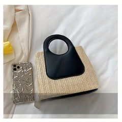Colorblock Straw Bag Woven Handbag Casual Satchel Holiday Bag