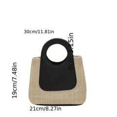 Colorblock Straw Bag Woven Handbag Casual Satchel Holiday Bag