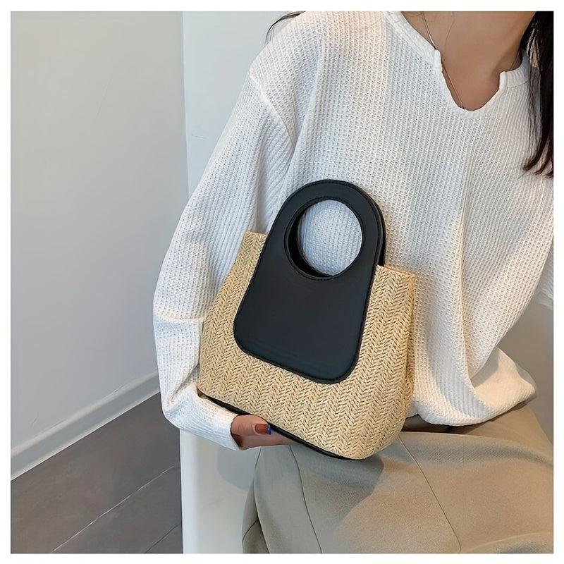 Colorblock Straw Bag Woven Handbag Casual Satchel Holiday Bag