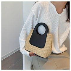 Colorblock Straw Bag Woven Handbag Casual Satchel Holiday Bag