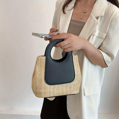 Colorblock Straw Bag Woven Handbag Casual Satchel Holiday Bag