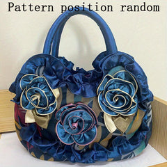 Floral Decor Zipper Handbag Double Handle Purse Casual Flower Tote Bag