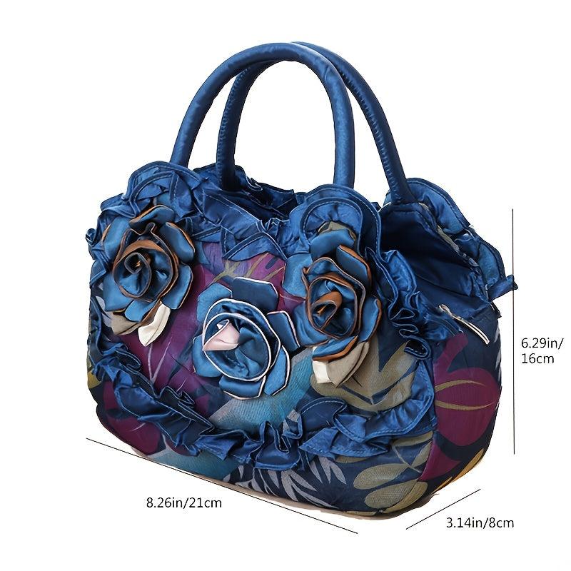 Floral Decor Zipper Handbag Double Handle Purse Casual Flower Tote Bag