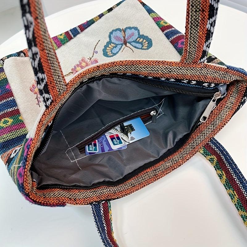 Vintage Embroidered Canvas Tote Bag Butterfly Pattern Handbags Ethnic Style