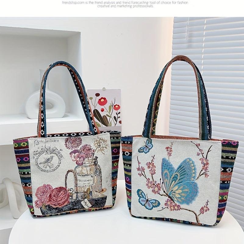 Vintage Embroidered Canvas Tote Bag Butterfly Pattern Handbags Ethnic Style