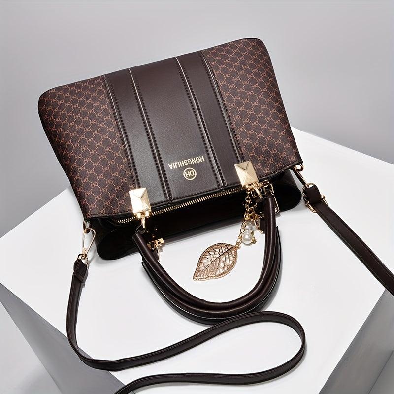 Leaf Pearl Pendant Shoulder Bag Allover Print PU Leather Crossbody Bag