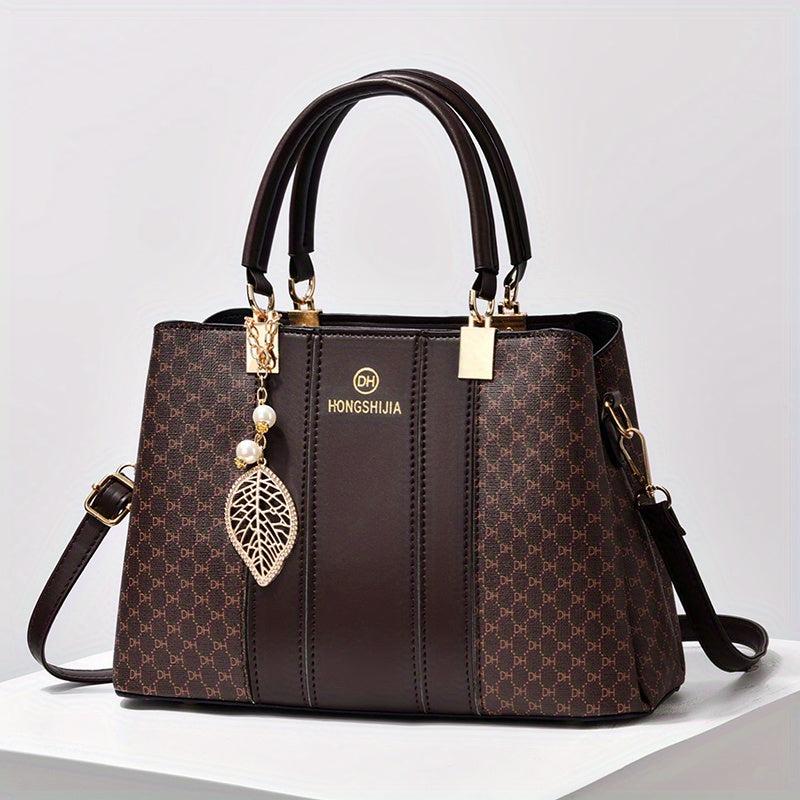 Leaf Pearl Pendant Shoulder Bag Allover Print PU Leather Crossbody Bag
